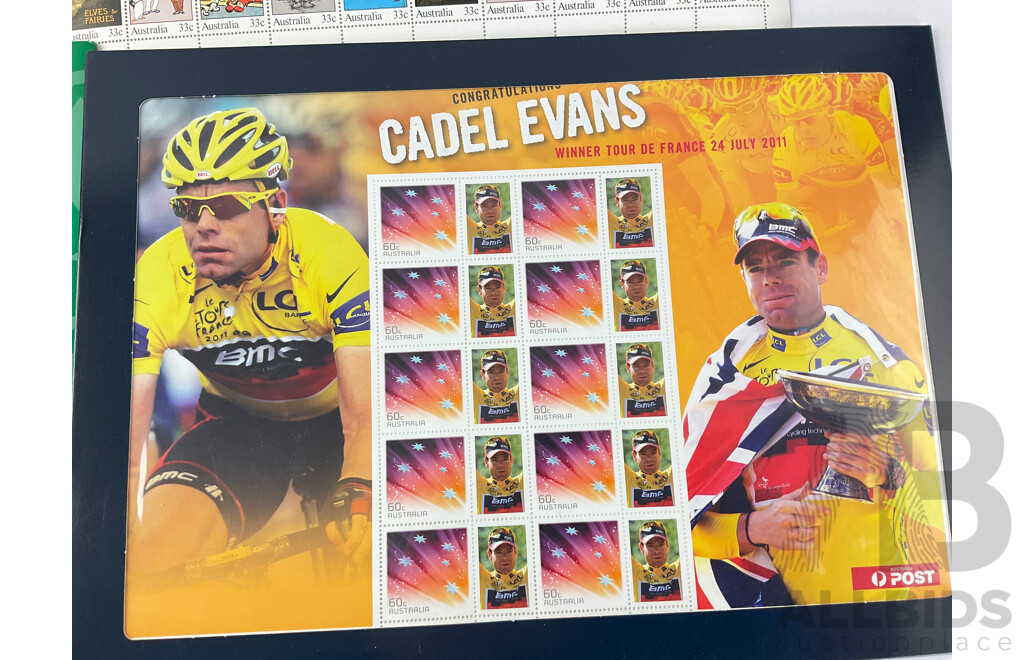 Australian Stamp Sheets and Blocks Including 1985 Classic Children Books, 2009 Everyday People, Humpback, Blue, Southern and Sperm Whales, 2010 NRL Dragons and 2011 Cadel Evans