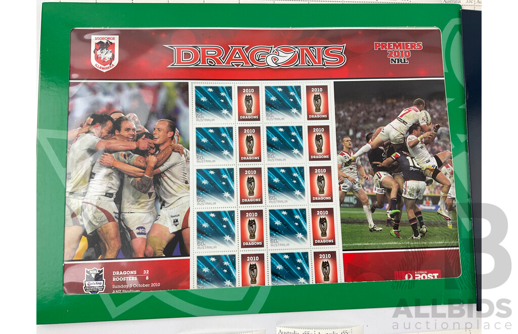 Australian Stamp Sheets and Blocks Including 1985 Classic Children Books, 2009 Everyday People, Humpback, Blue, Southern and Sperm Whales, 2010 NRL Dragons and 2011 Cadel Evans