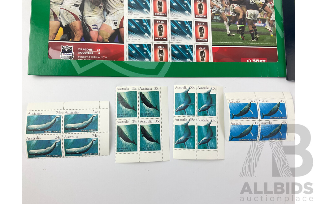 Australian Stamp Sheets and Blocks Including 1985 Classic Children Books, 2009 Everyday People, Humpback, Blue, Southern and Sperm Whales, 2010 NRL Dragons and 2011 Cadel Evans