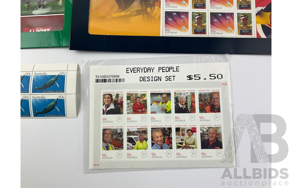 Australian Stamp Sheets and Blocks Including 1985 Classic Children Books, 2009 Everyday People, Humpback, Blue, Southern and Sperm Whales, 2010 NRL Dragons and 2011 Cadel Evans