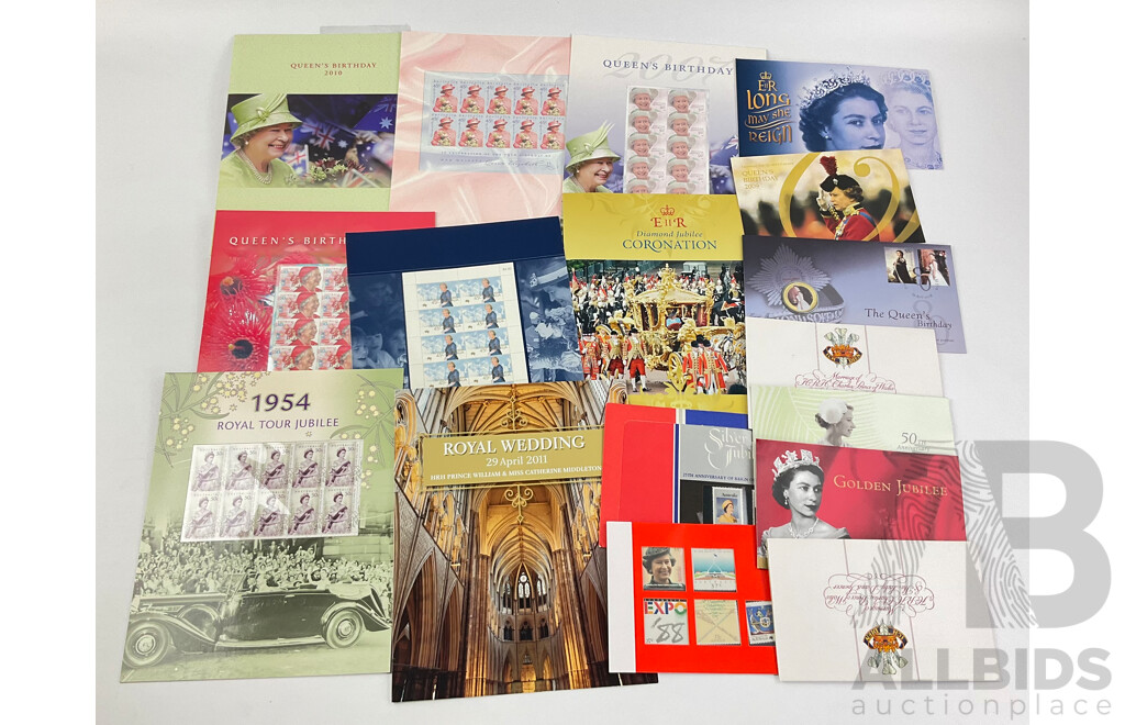 Australian Stamp Packs and PNC, Royal Themed Including Queens Birthday 2005, 2009, 2010, 1954 Royal Tour Tributes, 2011 Royal Wedding and More - Face Value Over $60