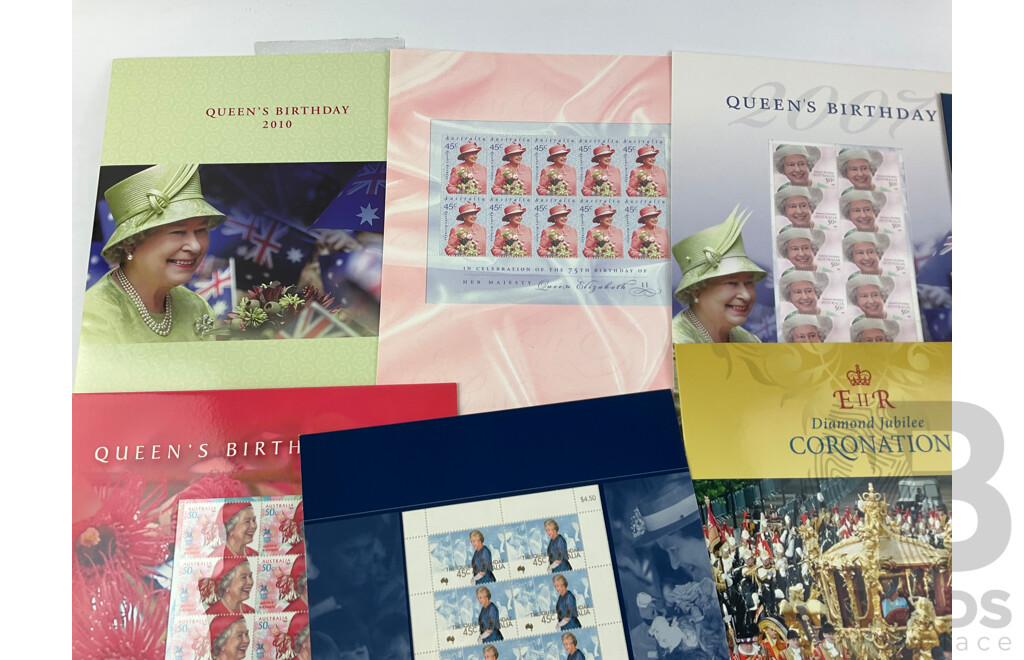 Australian Stamp Packs and PNC, Royal Themed Including Queens Birthday 2005, 2009, 2010, 1954 Royal Tour Tributes, 2011 Royal Wedding and More - Face Value Over $60