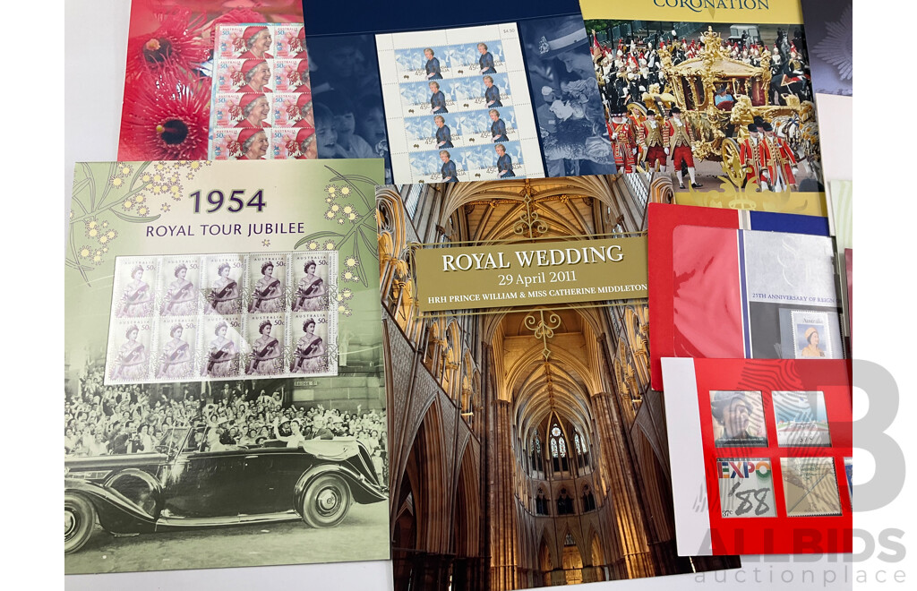 Australian Stamp Packs and PNC, Royal Themed Including Queens Birthday 2005, 2009, 2010, 1954 Royal Tour Tributes, 2011 Royal Wedding and More - Face Value Over $60