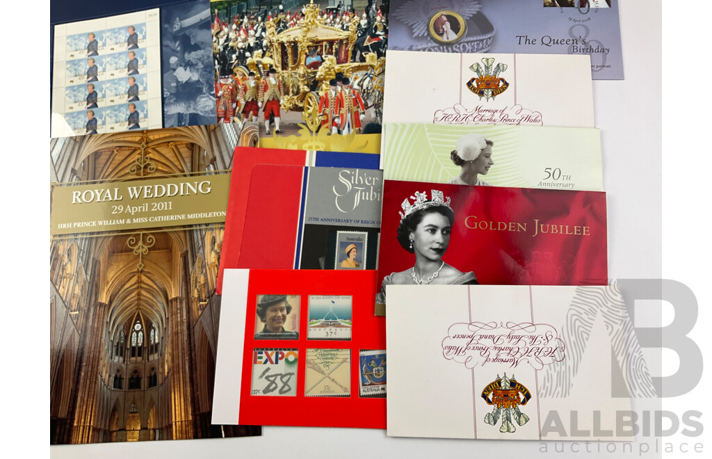 Australian Stamp Packs and PNC, Royal Themed Including Queens Birthday 2005, 2009, 2010, 1954 Royal Tour Tributes, 2011 Royal Wedding and More - Face Value Over $60