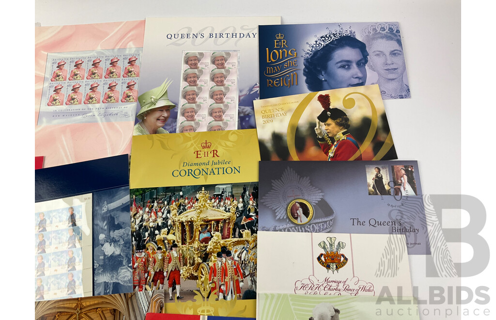 Australian Stamp Packs and PNC, Royal Themed Including Queens Birthday 2005, 2009, 2010, 1954 Royal Tour Tributes, 2011 Royal Wedding and More - Face Value Over $60