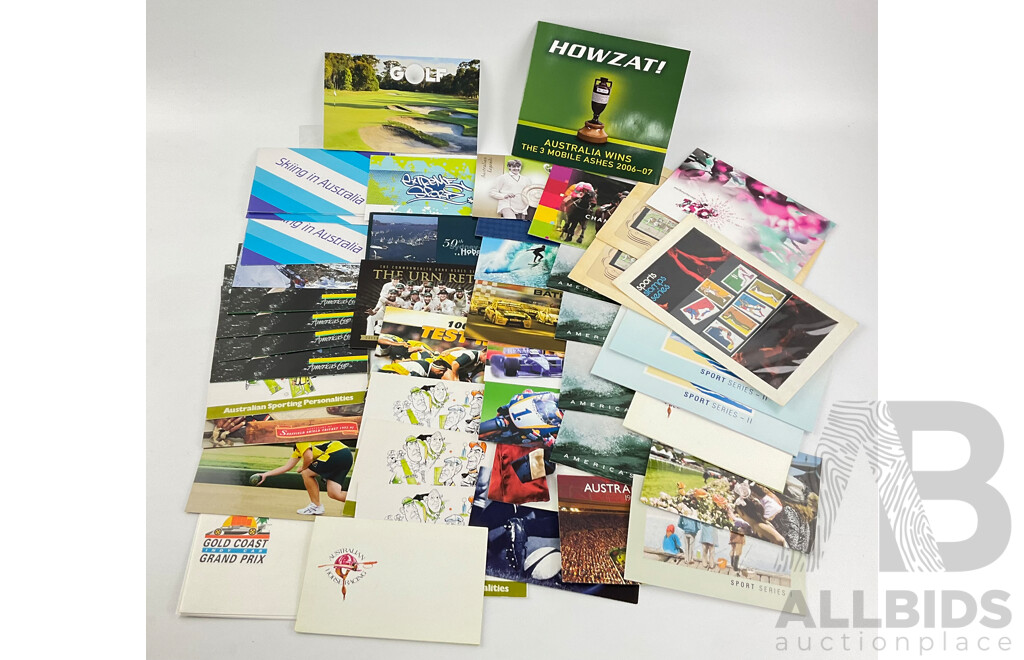 Australian Sports Themed Mixed Era Stamp Packs Including 150th Melbourne Cup, Sport Series II, Test Cricket Centenary, Australian Race Courses, Motor Racing, Fifty Years of Bathurst and More