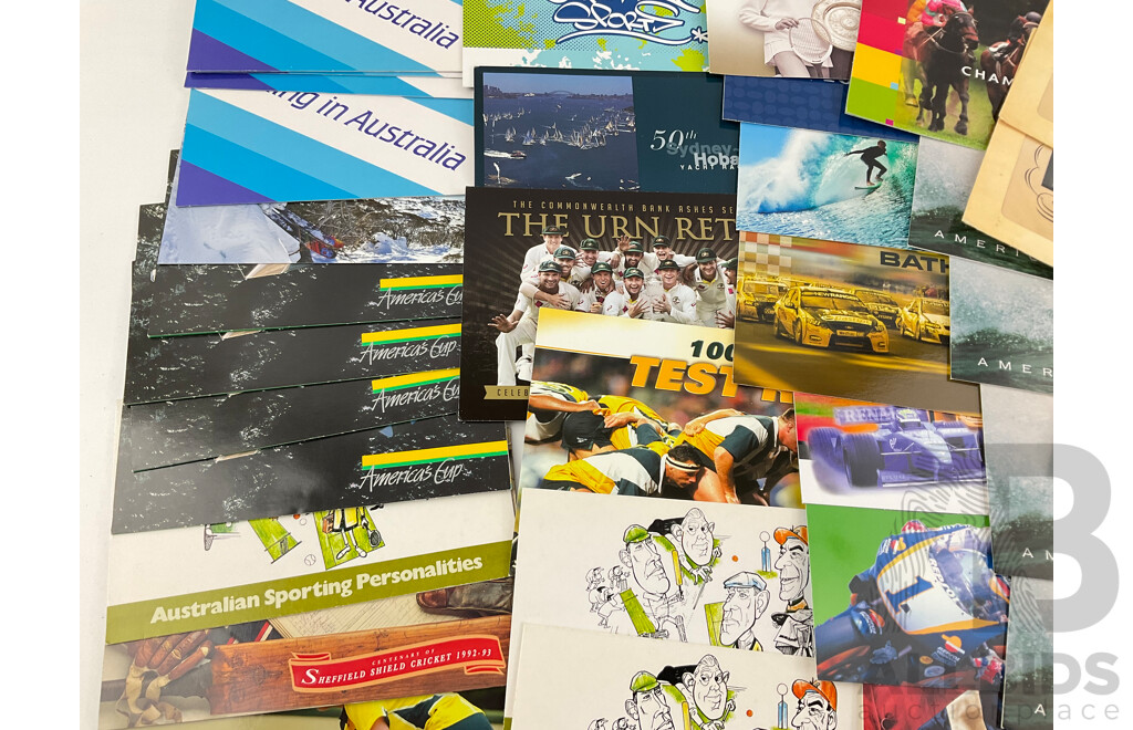 Australian Sports Themed Mixed Era Stamp Packs Including 150th Melbourne Cup, Sport Series II, Test Cricket Centenary, Australian Race Courses, Motor Racing, Fifty Years of Bathurst and More