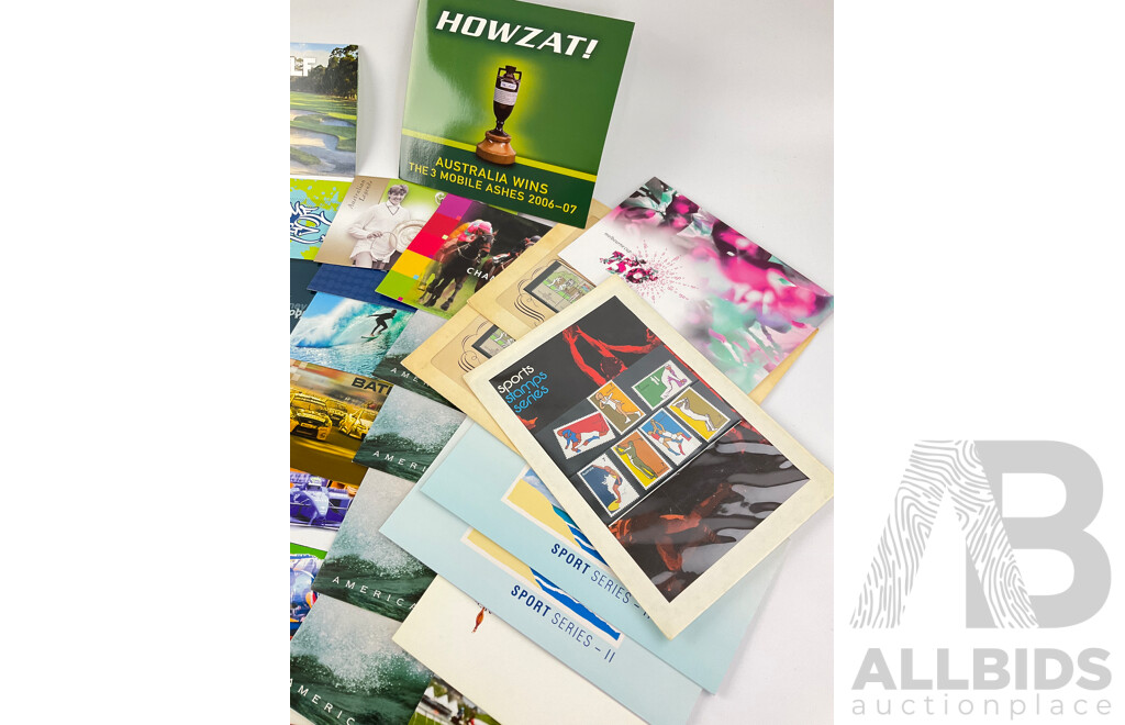 Australian Sports Themed Mixed Era Stamp Packs Including 150th Melbourne Cup, Sport Series II, Test Cricket Centenary, Australian Race Courses, Motor Racing, Fifty Years of Bathurst and More