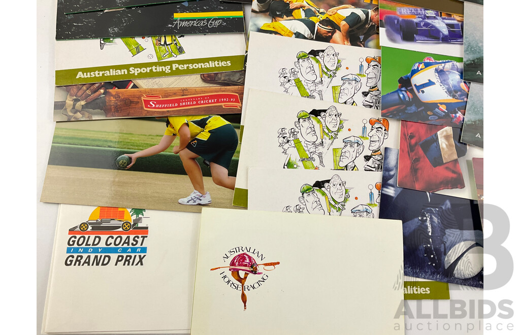 Australian Sports Themed Mixed Era Stamp Packs Including 150th Melbourne Cup, Sport Series II, Test Cricket Centenary, Australian Race Courses, Motor Racing, Fifty Years of Bathurst and More