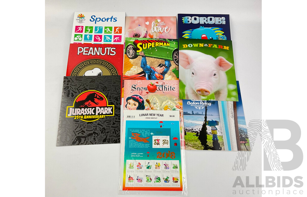 Australian 2018 Stamp Packs Including Superman, Snow White, Borobi, Down on the Farm, with Love and More - Face Value Over $115