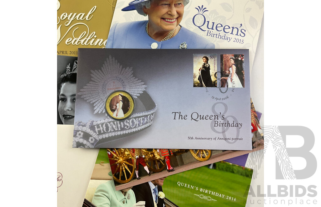 Collection of Australian Stamp Packs and PNC, All Royal Themed Including 2006 Queens Birthday PNC, Royal Christening, Queens Birthday 2014 and 2015, Diamond Jubilee 2012 - Face Value Over $75