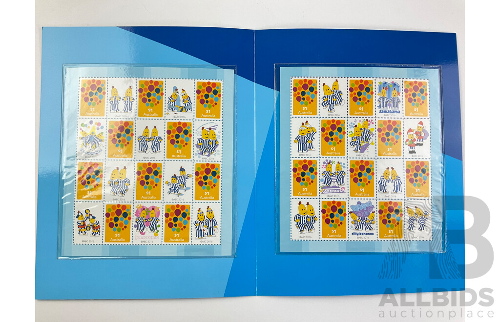 Collection of Australian 2017 Stamp Packs Including Barbie, Bananas Un Pyjamas, Tom and Jerry, Smurfs, Fireman Sam - Face Value $100