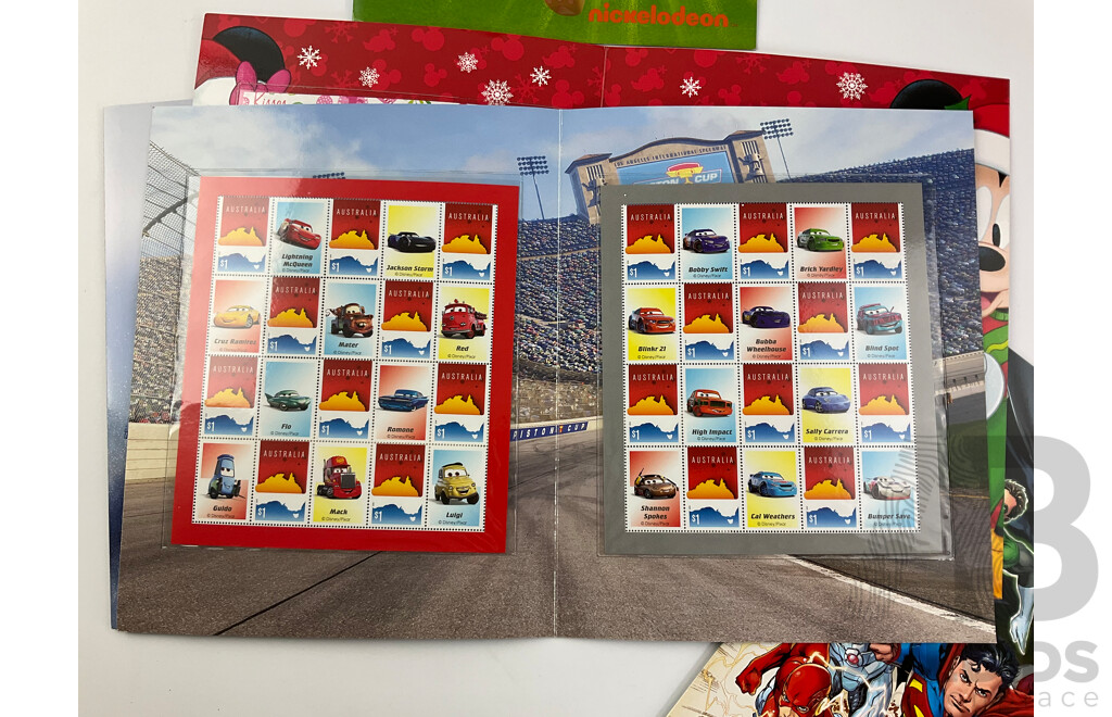 Australian 2017 Stamp Packs Including Cars Three, Paw Patrol, Mickey & Minnie Merry Christmas, Justice League, Star Wars Last Jedi Face Value $93