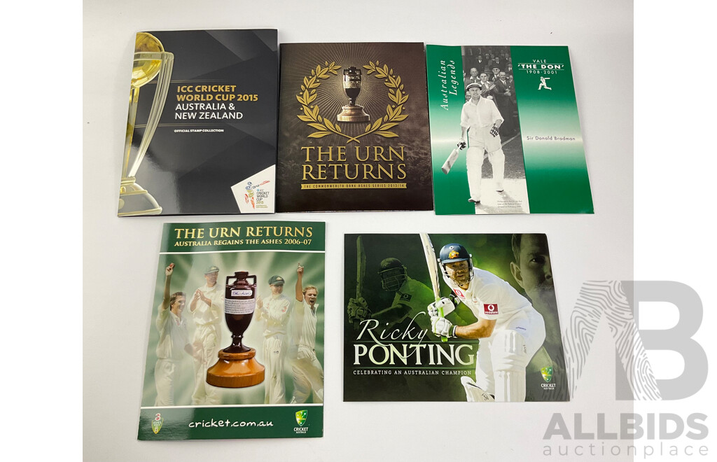 Collection of Australian Cricket Themed Stamp Packs Including 2015 ICC World Cup, 2007 and 2014 'The Urn Returns', 2001 'The Don' 2012 Ricky Ponting - Face Value Over $45