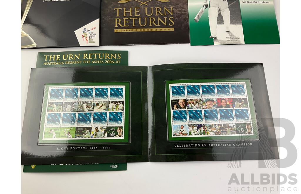 Collection of Australian Cricket Themed Stamp Packs Including 2015 ICC World Cup, 2007 and 2014 'The Urn Returns', 2001 'The Don' 2012 Ricky Ponting - Face Value Over $45