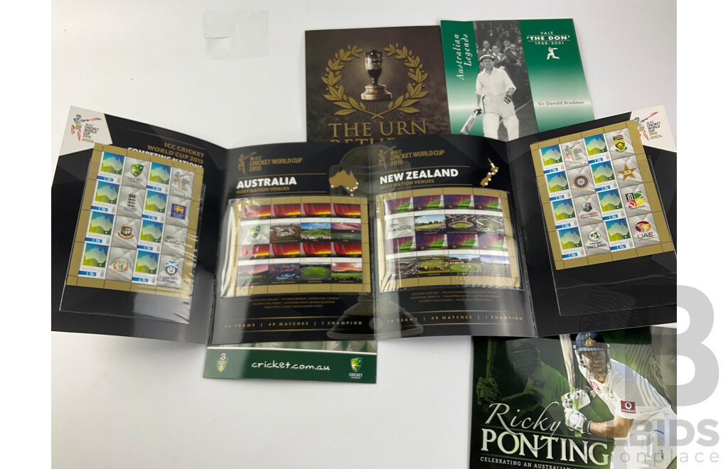 Collection of Australian Cricket Themed Stamp Packs Including 2015 ICC World Cup, 2007 and 2014 'The Urn Returns', 2001 'The Don' 2012 Ricky Ponting - Face Value Over $45