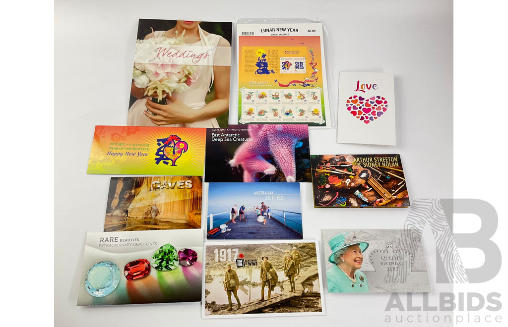 Australian 2017 Stamp Packs Including Weddings, Lunar Year, Love, Jetties, Year of the Rooster, Rare Beauties, Centenary WW1 Caves, QE2 Birthday, Arthur Streeton and Sidney Nolan, East Antartic Deep Sea Creatures  - Face Value Over $79