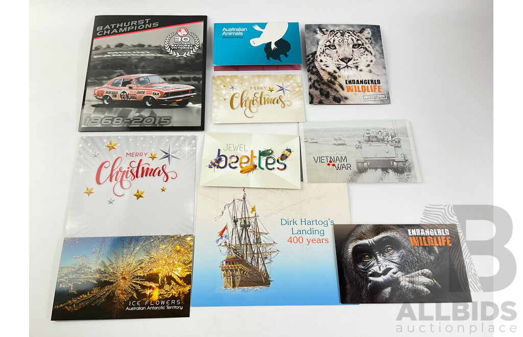 Australian 2016 Stamp Packs Including Endangered Wildlife, Merry Christmas, Jewel Beetles, Vietnam War, Ice Flowers, Bathurst Champions and More - Face Value Over $145