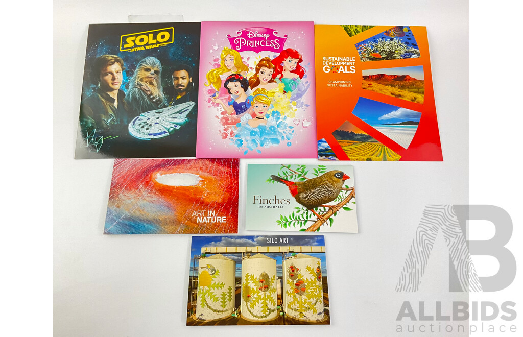 Australian 2018 Stamp Packs Including Solo- Star Wars Story, Disney Princess, Sustainable Evelopment Goals, Art in Nature, Silo Art, Finches of Australia - Face Value $84