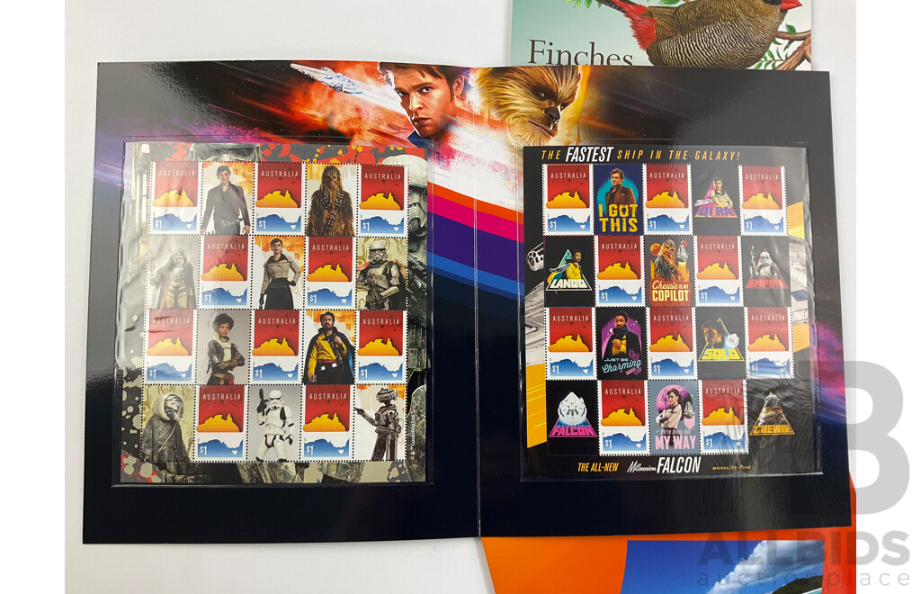 Australian 2018 Stamp Packs Including Solo- Star Wars Story, Disney Princess, Sustainable Evelopment Goals, Art in Nature, Silo Art, Finches of Australia - Face Value $84