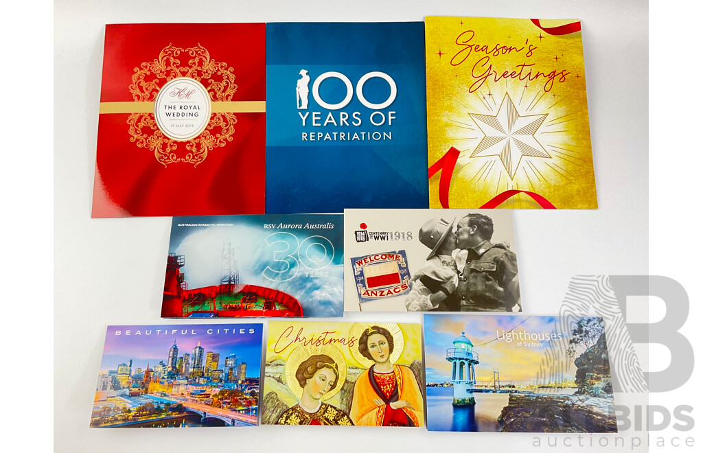 Australian 2018 Stamp Packs Including Lighthouses of Sydney, Centenary of WW1, Royal Wedding, Season's Greetings, Beautiful Cities, Christmas, RSV Aurora Australis, 100 Years of Repatriation - Face Value Over $80