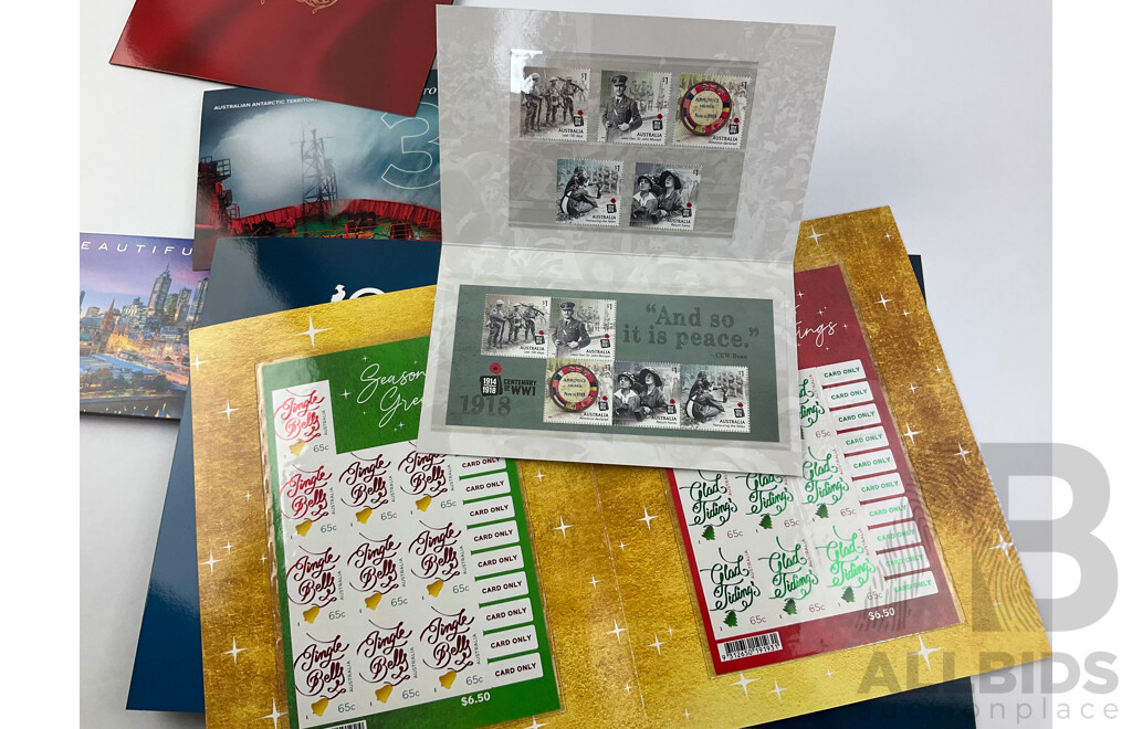 Australian 2018 Stamp Packs Including Lighthouses of Sydney, Centenary of WW1, Royal Wedding, Season's Greetings, Beautiful Cities, Christmas, RSV Aurora Australis, 100 Years of Repatriation - Face Value Over $80