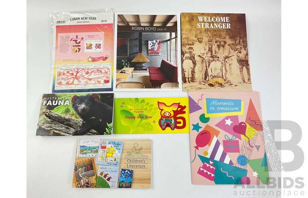 Australian 2019 Stamp Packs Including Lunar New Year, Robin Boyd, Welcome Stranger, Moments to Treasure, Year of the Pig, Children's Literature, Australian Fauna - Face Value $50