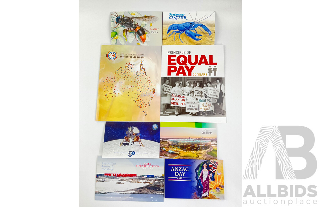 Collection of Australian 2019 Stamp Packs Including Indigenous Languages Equal Pay 50 Years, Moon Landing 50 Years, Casey Research Station 50 Years, ANZAC Day, Crayfish, Sports Stadium, Native Bees - Face Value $59