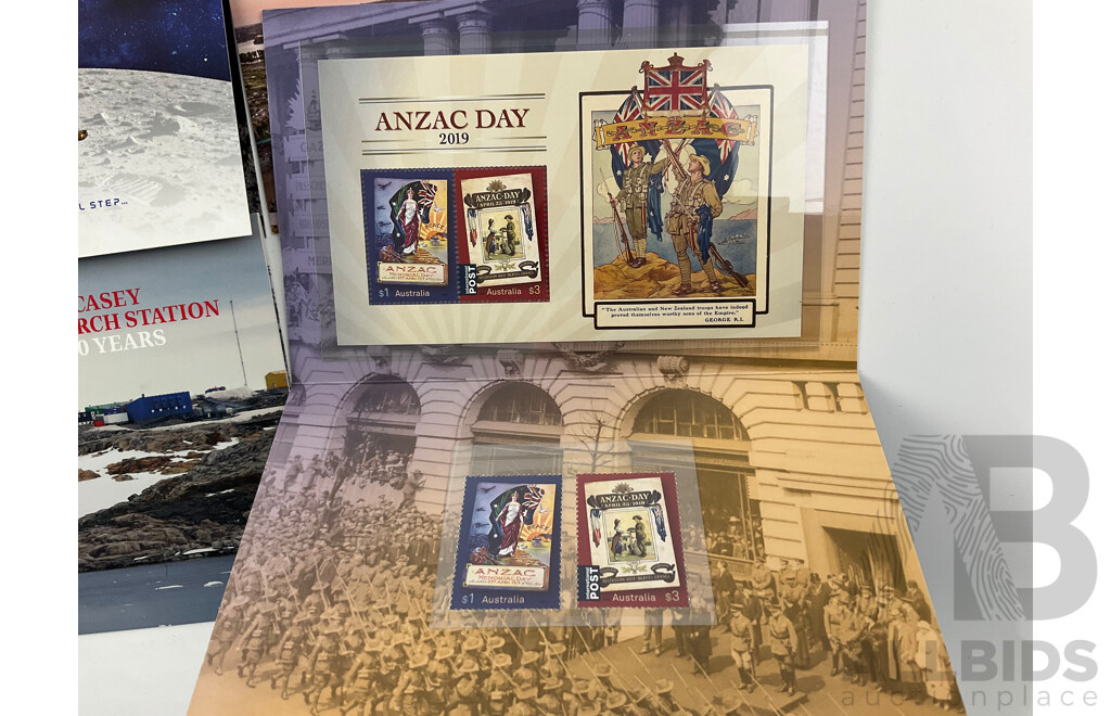 Collection of Australian 2019 Stamp Packs Including Indigenous Languages Equal Pay 50 Years, Moon Landing 50 Years, Casey Research Station 50 Years, ANZAC Day, Crayfish, Sports Stadium, Native Bees - Face Value $59