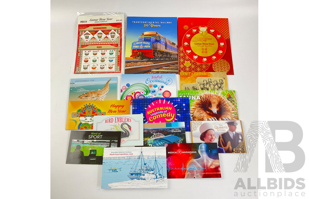 Collection of Australian 2019/2020 Stamp Packs Including Transcontinental Railway, Lunar New Year, ANZAC Day, Joyful Occations, Queen Birthday and More- Face Value Over $105