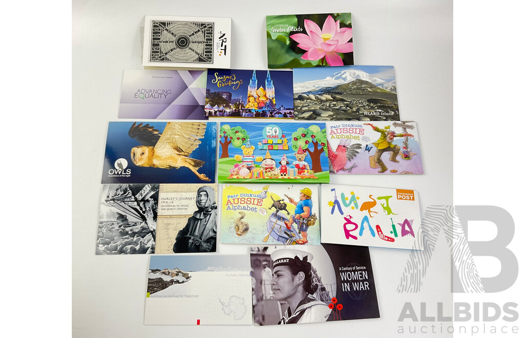 Collection of Australian Stamp Packs Including Owls-Guardians of the Night, Fifty Years of Play School, Hurley's Journey, Women in War, Water Plants, Heard Island and More- Face Value Over $90