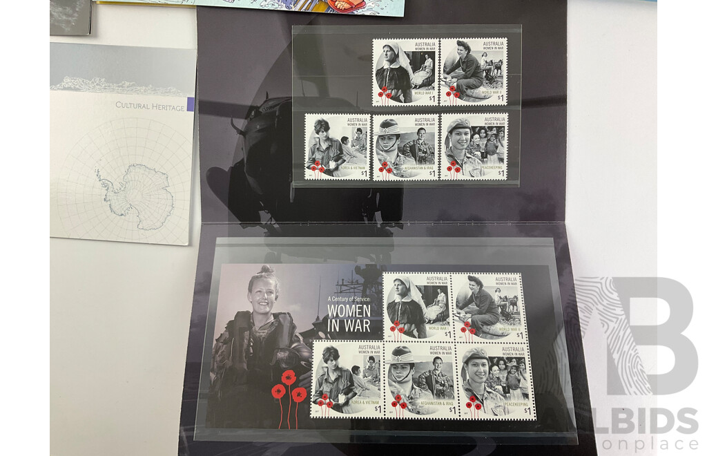 Collection of Australian Stamp Packs Including Owls-Guardians of the Night, Fifty Years of Play School, Hurley's Journey, Women in War, Water Plants, Heard Island and More- Face Value Over $90