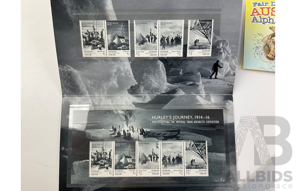 Collection of Australian Stamp Packs Including Owls-Guardians of the Night, Fifty Years of Play School, Hurley's Journey, Women in War, Water Plants, Heard Island and More- Face Value Over $90