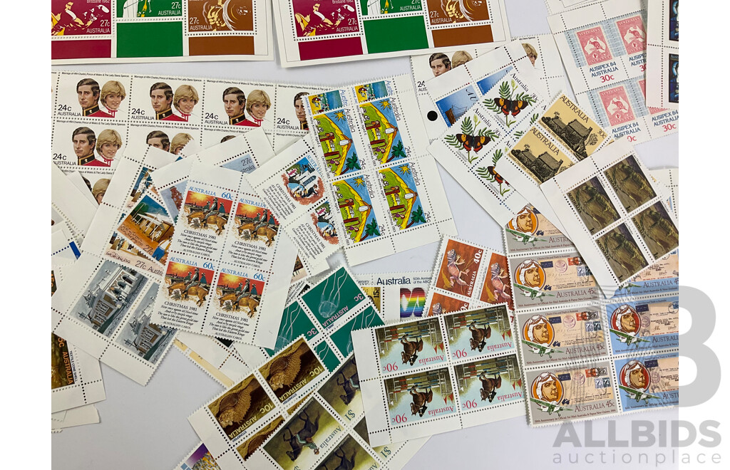 Large Collection of Australian 1980's Mint Stamps, Blocks, Gutters and Books Including 1981 Charles Diana Marriage, Ausipex 1984, Blinky Bill, Ginger Meggs and More