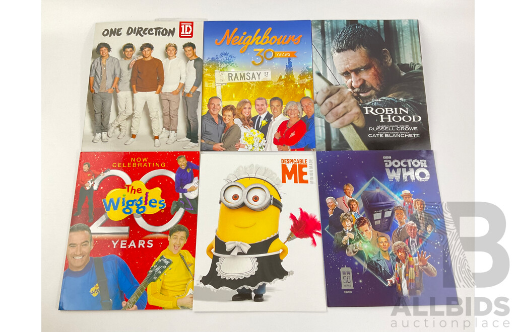 Collection of Australian Stamp Packs, Music and Television Themed Including Neighbours 30 Years, Robin Hood, Despicable Me, Doctor Who, the Wiggles, One Direction - Face Value $72