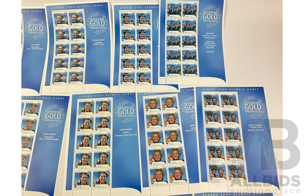 Australian 2004 Mini Stamp Sheets, Olympic Gold Medalists Set, Seventeen Sheets - Face Value $85