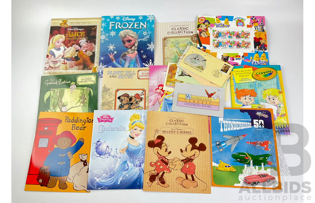 Collection of Australian Stamp Packs, Children Story Characters/Fictional Themes Including Peter Rabbit, Mickey and Minnie, Thunderbirds Fifty Years, Alice in Wonderland and More - Face Value Over $135