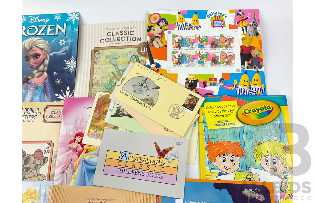 Collection of Australian Stamp Packs, Children Story Characters/Fictional Themes Including Peter Rabbit, Mickey and Minnie, Thunderbirds Fifty Years, Alice in Wonderland and More - Face Value Over $135