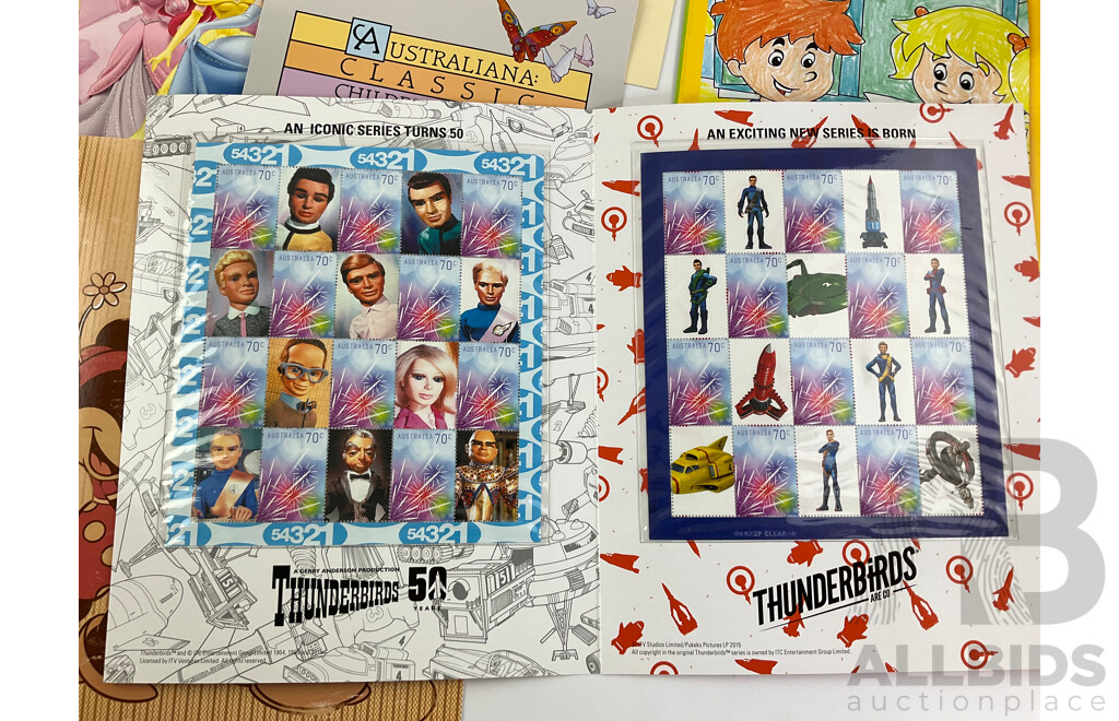 Collection of Australian Stamp Packs, Children Story Characters/Fictional Themes Including Peter Rabbit, Mickey and Minnie, Thunderbirds Fifty Years, Alice in Wonderland and More - Face Value Over $135