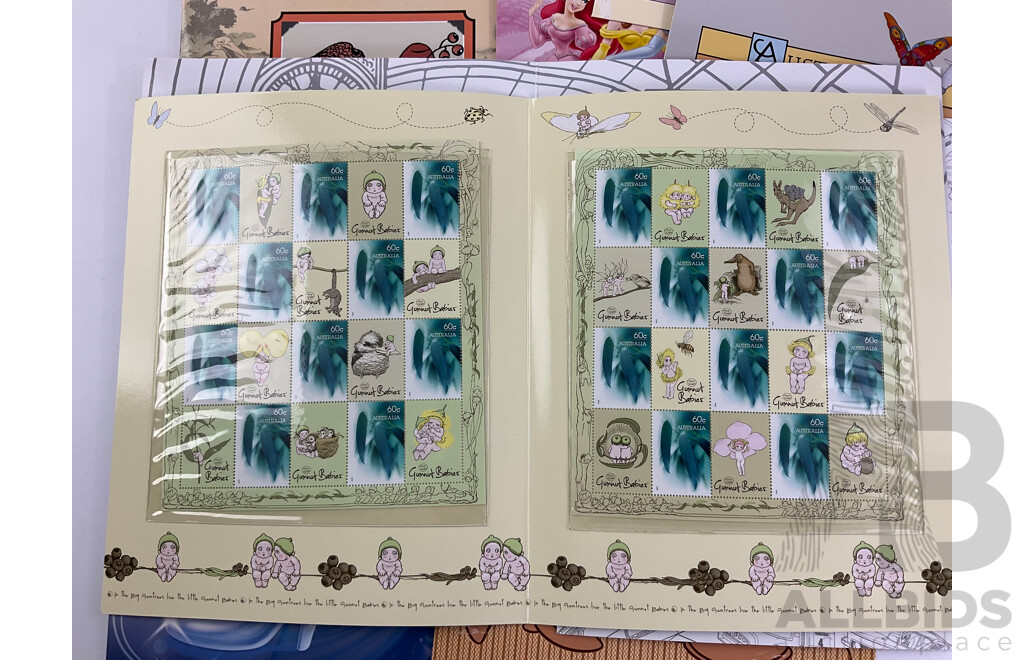 Collection of Australian Stamp Packs, Children Story Characters/Fictional Themes Including Peter Rabbit, Mickey and Minnie, Thunderbirds Fifty Years, Alice in Wonderland and More - Face Value Over $135