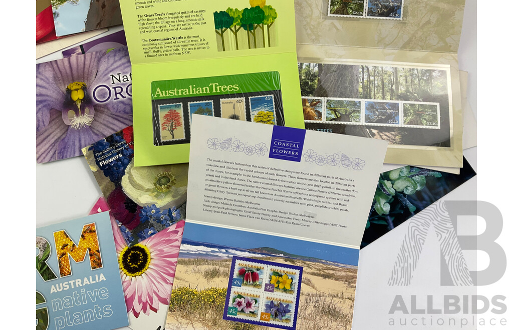 Australian Flora Related Stamp Packs Including Floral Emblems, Australian Wildflowers, Coastal Flowers, Parks and Gardens, Native Orchids, Fruit in Austtrlia and More - 49 Packs