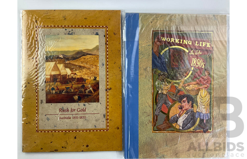 Indroducing Australia Through Stamps 1989 Album with Sealed Stamp Packs Stage & Screen, Rush for Gold, in Focus, Literary Legends of the 1890's, Working Life in the 1890's