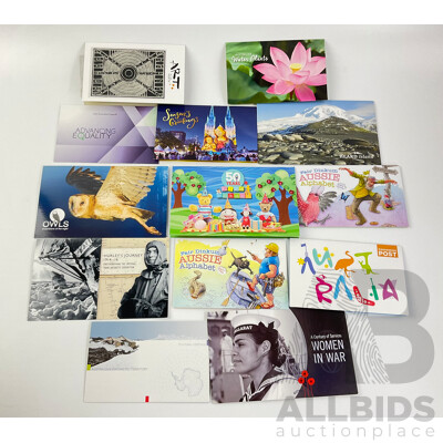 Collection of Australian Stamp Packs Including Owls-Guardians of the Night, Fifty Years of Play School, Hurley's Journey, Women in War, Water Plants, Heard Island and More- Face Value Over $90