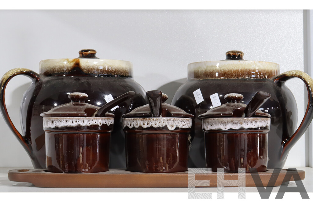 Pair of Vintage Large Bean Pots with Lids and Three Jam Pots with Ladles and Lids