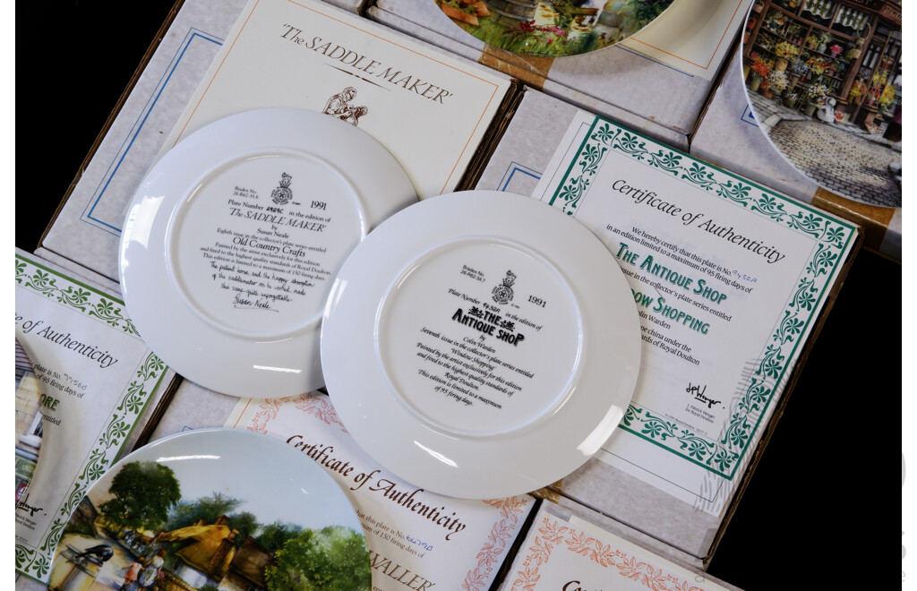 Collection Eight Limited Edition Bradford Exchange Bradex Royal Doulton Display Plates in Original Boxes with Certificates of Authenticity, From the Window Shopping Series