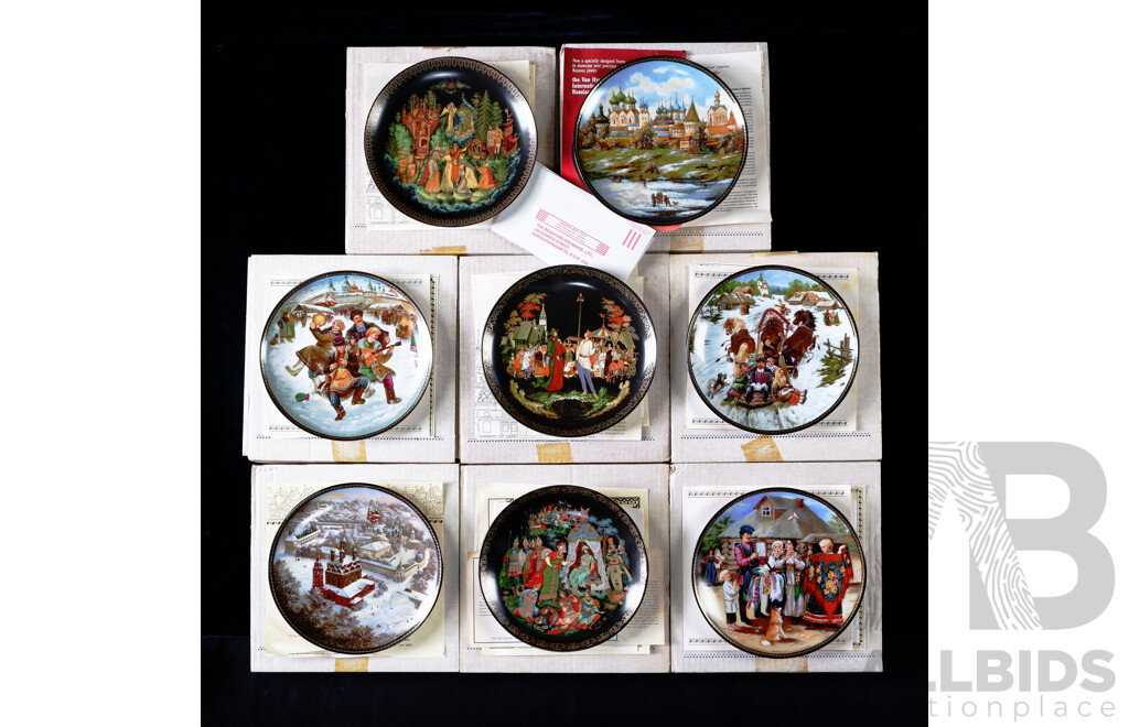 Collection Eight Limited Edition Bradford Exchange Bradex Russian Made Fedoskino Display Plates in Original Boxes with Certificates of Authenticity, From Various Series