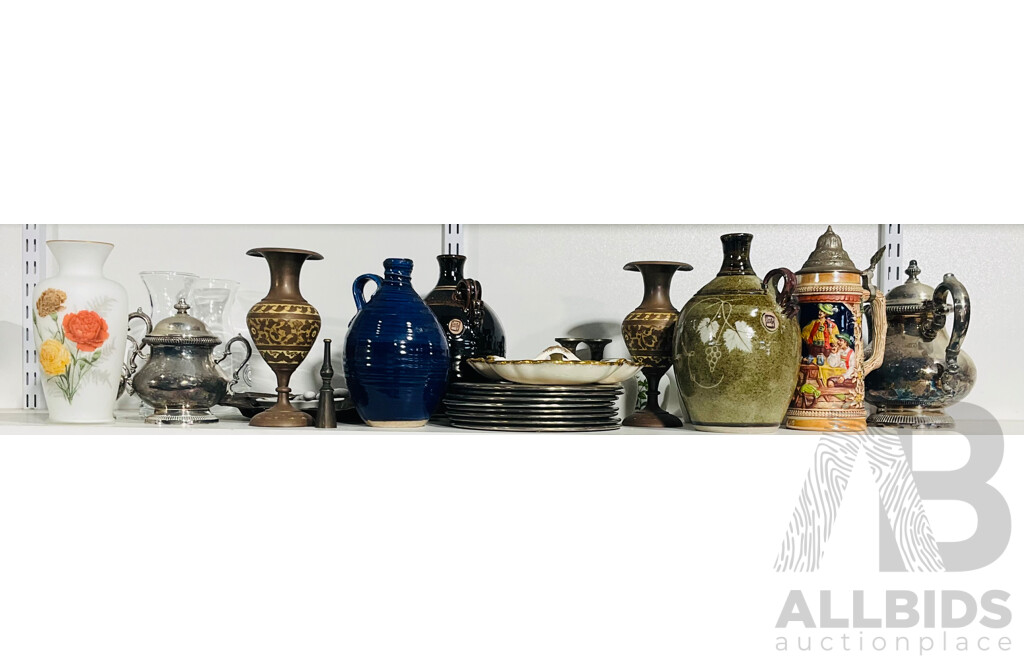 Large Collection Home Decorator Items Including Three Pottery Wine Pitchers, Pair Brown Brothers Carafs, Silver Plate Items, German Cermaic Stein and Much More