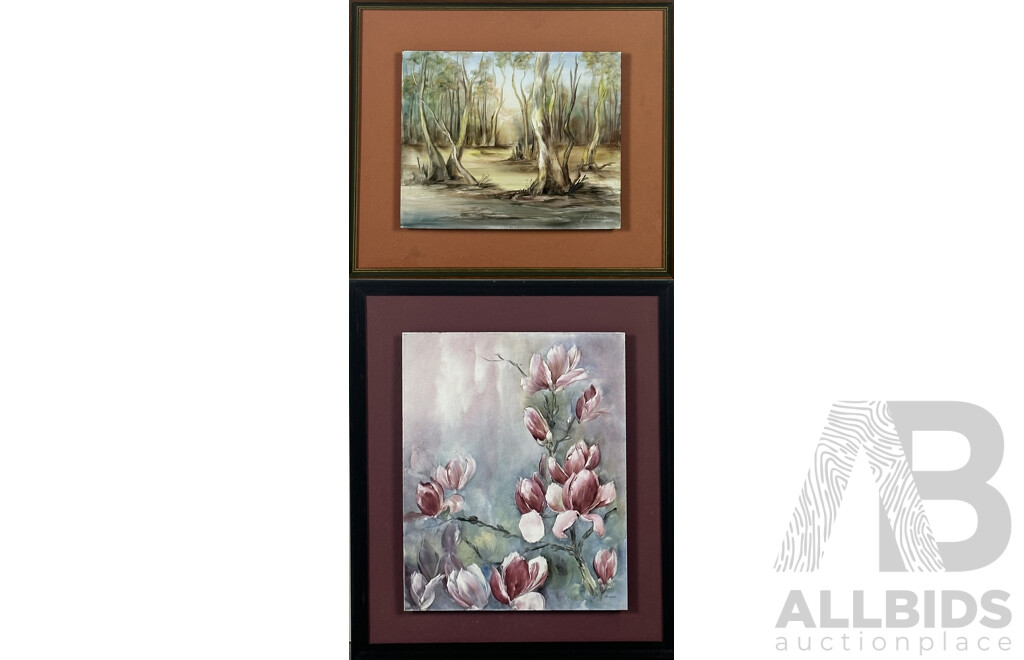 Pair of Handpainted Acrylic on Metal, Mounted Onto Frame, Gumtree Landscape and Magnolias, Jill Allanson and Bradford, 40 X 45.5 cm and 49 X 41 cm (frames) (2)