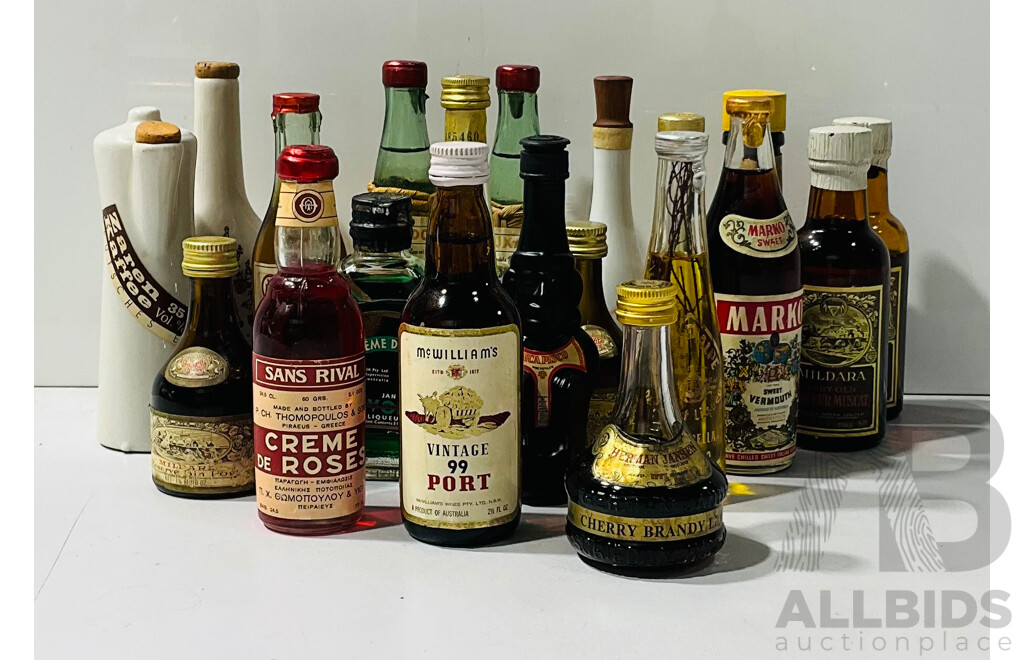 Collection of Vintage Single Serve Liqueur Bottles Including Herman Jansen Cherry Brandy Liqueur, Mc William’s Vintage 99 Port and Much More - Average 45ml per Bottle -Mostly Sealed / Unopened