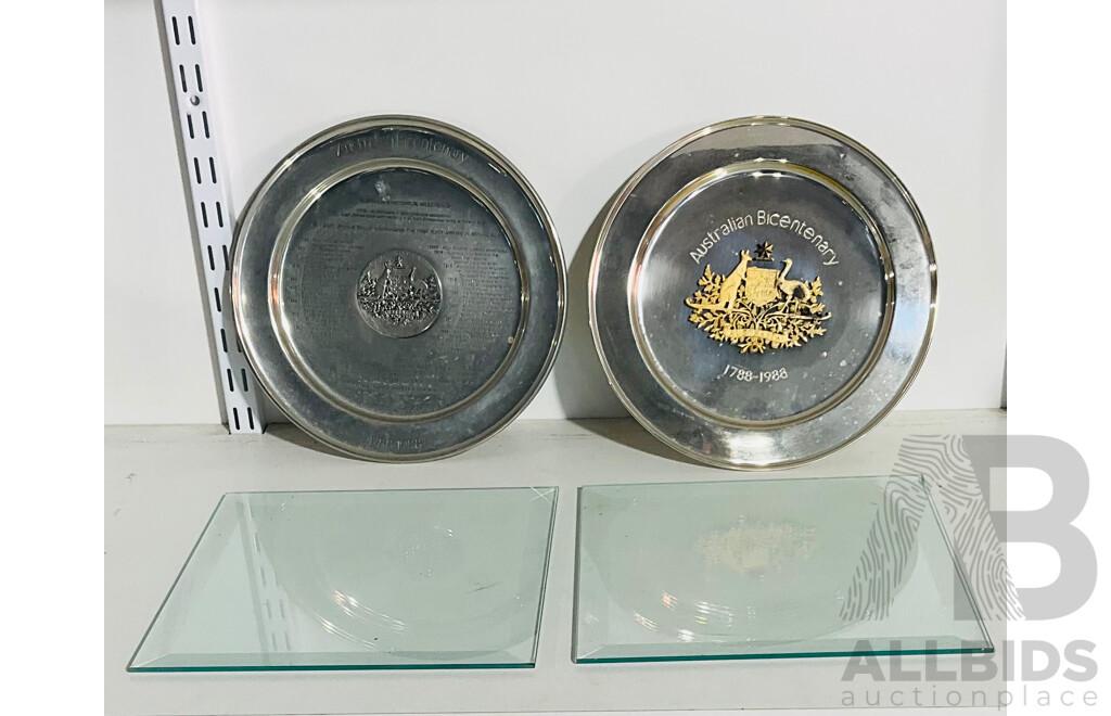 Pair of Pewter Commemorative Australian Bicentenary Plates and Pair of Square Glass Display Playes